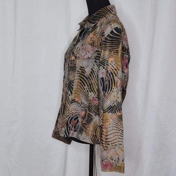 Chico's Embroidered Beaded Print Denim Lightweight Jacket - Size 2 (L/12-14) - Picture 2 of 12